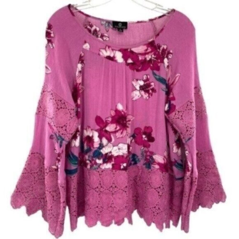 Curations Pink Floral Crochet Bell Sleeve Blouse